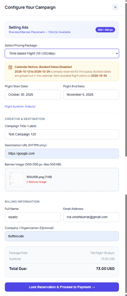 Configure Your Campaign Booking Drawer