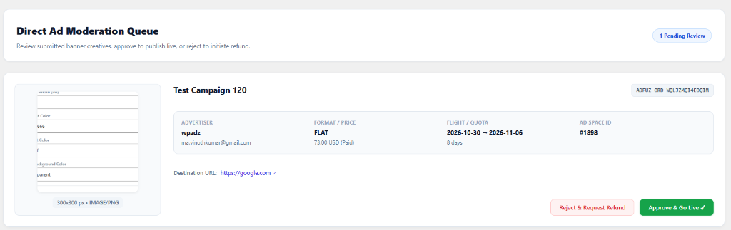 Direct Ad Moderation Queue
